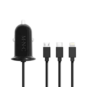 Adaptor 3in1 pentru bricheta auto 12-24V - USB + cablu Lightning Micro USB si USB Type-C 3.1A negru M`N`C 54920BK