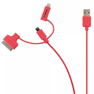 Cablu alimentare si sincronizare rosu USB 2.0 - micro USB +adaptor lightning +Apple Dock 30pini 1m cupru Valueline