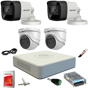 Sistem supraveghere mixt complet Hikvision 4  camere Turbo HD 5 MP 20 m IR  si 80 ir cu toate accesoriile
