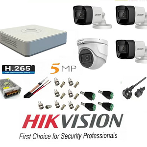 Sistem supraveghere video Hikvision 4 camere 5MP 3 exterior Turbo HD IR 80M 1 interior IR 20m DVR 4 canale cu full accesorii
