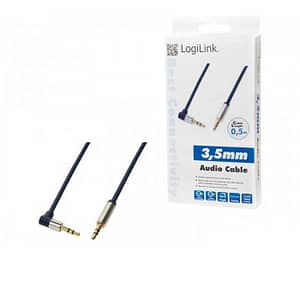 Cablu audio stereo 90 grade Jack 3.5 mm 0.5m tata-tata aurit albastru inchis carcasa aluminiu LOGILINK CA11050