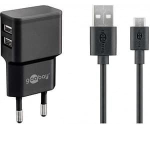Incarcator de retea dual 2x USB cu cablu micro USB 2.4A negru Goobay