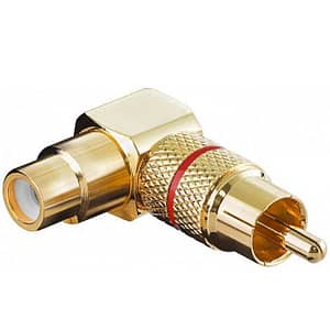 Mufa adaptor RCA mama - RCA tata cotit 90 grade aurita inel rosu Goobay