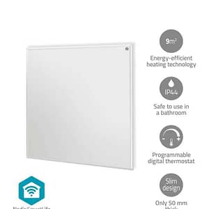 Panou radiant cu infrarosu Nedis WiFi 350W termostat telecomanda IP44 alb 598x620x240mm HTIP350WTW