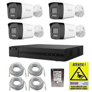 Kit supraveghere IP HiLook 4 camere 4MP PoE Dual Light 30m Microfon Difuzor