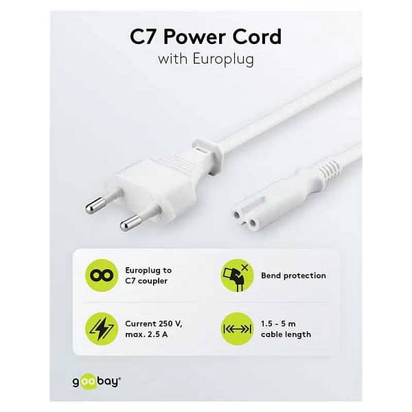 Cablu de alimentare cu 2-pin Euro 5m alb 2x0.75 mm2 cu priza C7 pentru aparate electronice 93988 Goobay - imagine 2