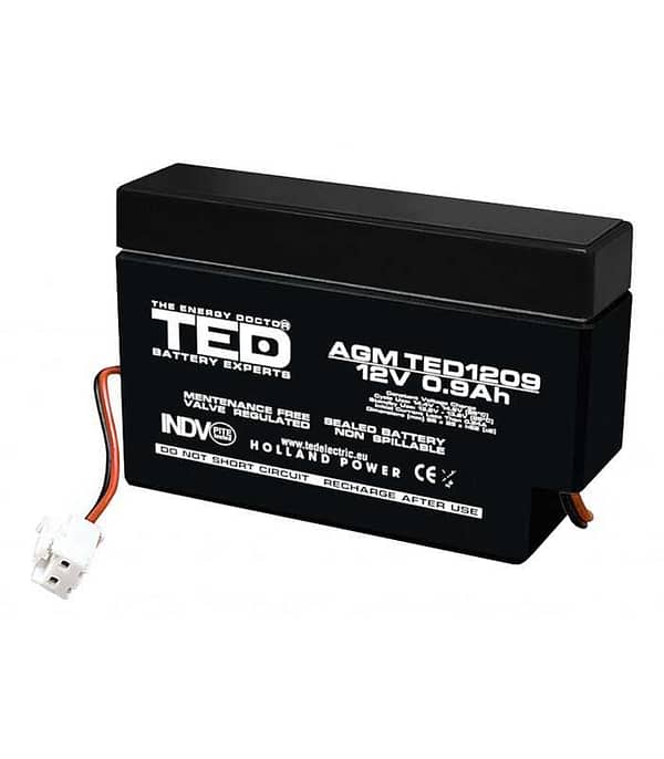 Acumulator AGM VRLA 12V 0.9Ah plumb acid 96x25x62 mm cu fir TED Battery Expert Holland