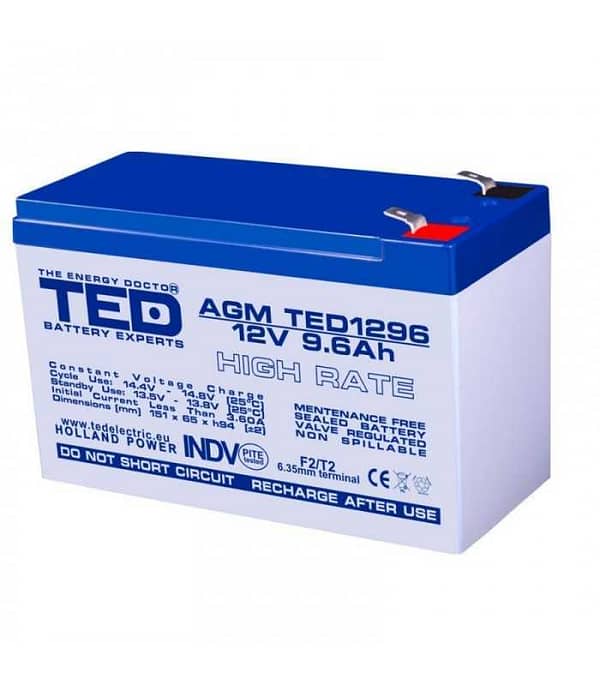 Acumulator AGM VRLA 12V 9.6A High Rate 151x65x95mm F2 TED Battery Expert Holland