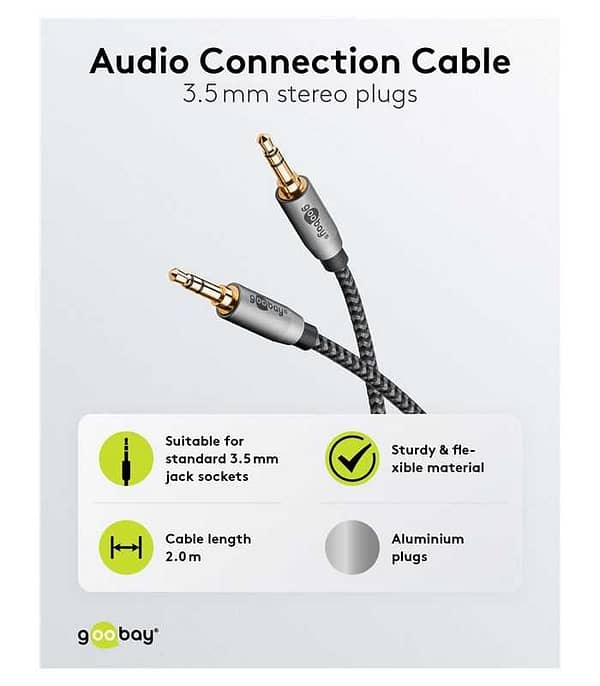 Cablu audio stereo AUX Jack 3.5 mm tata-tata 2m premium extrem de flexibil textil negru Goobay Plus 65274 - imagine 3