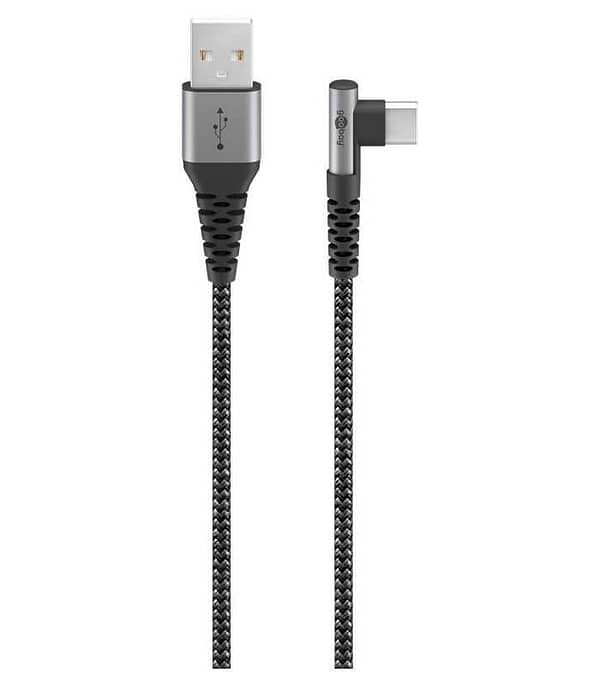 Cablu elegant extra-robust textil USB2.0 type C 90 grade - USB-A 0.5m 60W mufe metalice Goobay 64655