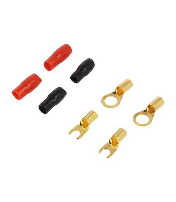 Set 4 papuci terminal 8GA 5mm izolati rosu si negru tip furca si inel pentru sertizare 4CarMedia TERMINAL-SET-8GA