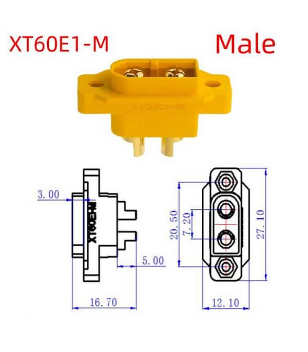 Soclu alimentare DC XT60 tata 2pini lipire montare pe panou 30A 500V galbena AMASS XT60E1-M / XT60E-M - imagine 3