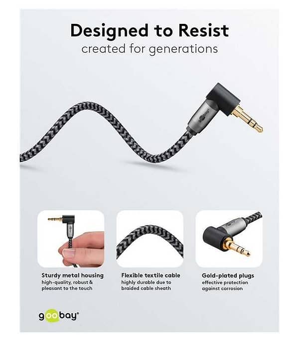 Cablu audio stereo 2m textil impletit Jack 3.5 mm - 3.5 mm 90 grade tata-tata aurit Goobay 65279 - imagine 3
