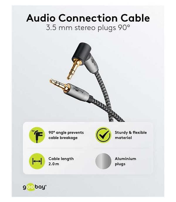 Cablu audio stereo 2m textil impletit Jack 3.5 mm - 3.5 mm 90 grade tata-tata aurit Goobay 65279 - imagine 7